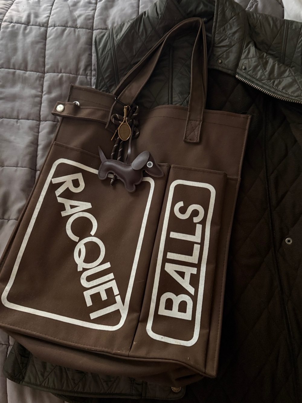 Vintage 1970s khaki Brown canvas Tennis Tote Bag with 'Racquet Balls' Print